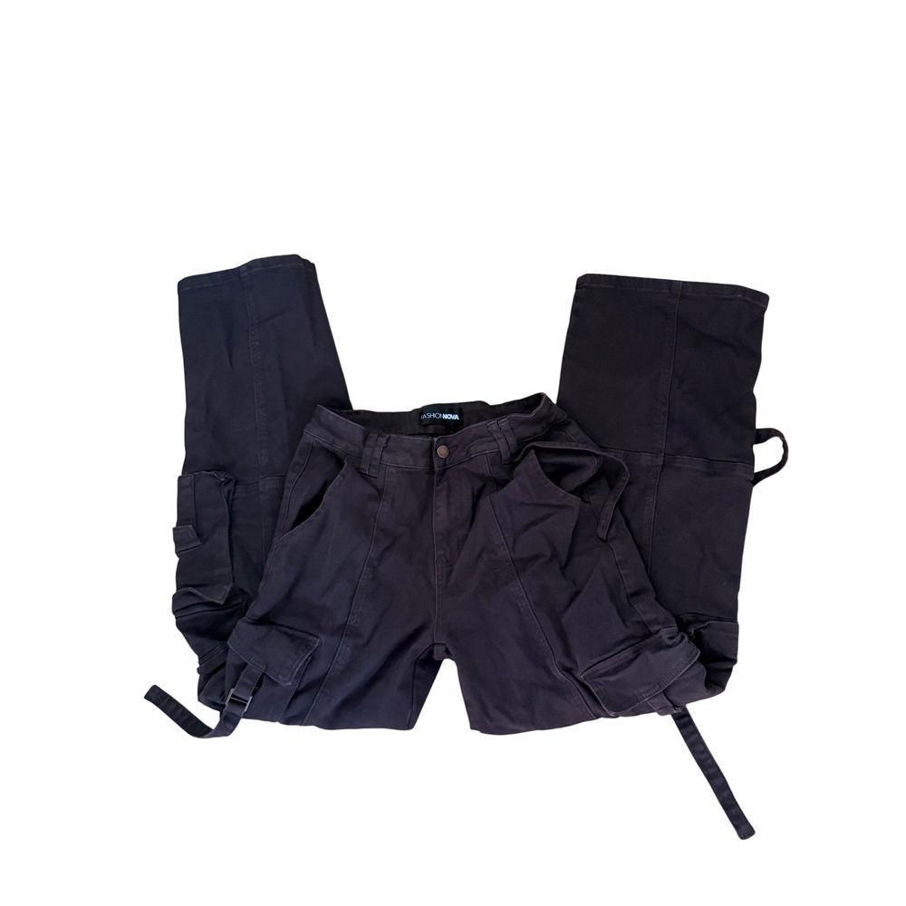 Fashion Nova Dark Brown Wide Leg Cargo Pants Strap Detail Utility Size - Picture 1 of 7